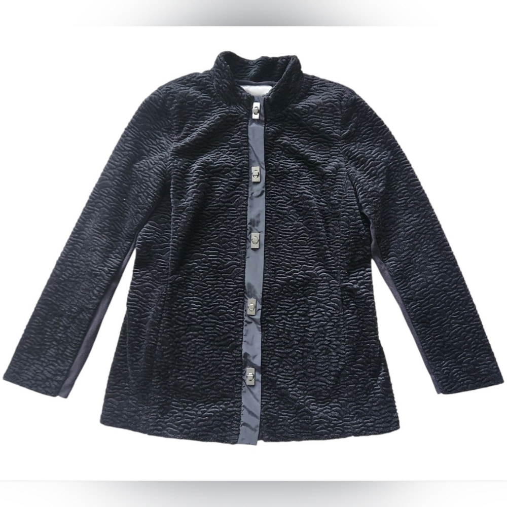 Carol Anderson Black Faux Fur Jacket Sz Medium Turn‎ Lock Classic Chic Velvet